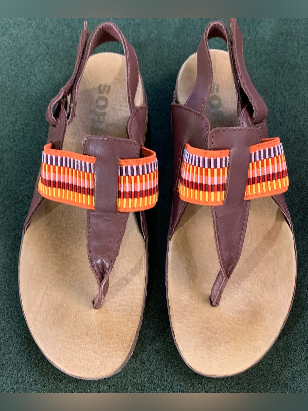 Sorel brown leather Thong Sandals with velcro straps and colored elastic size 7